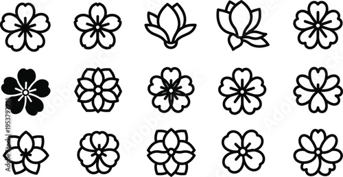 Collection of black and white flower and symbols floral blossom nature