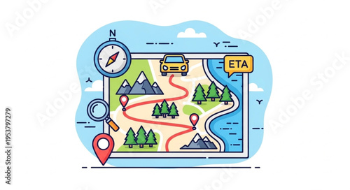 Illustrated Map with Route, Compass, and ETA for Travel Planning.