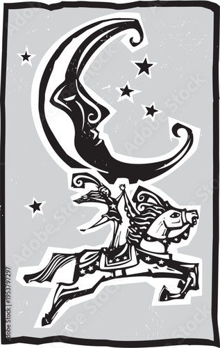 Woodcut style moon with a face and a circus girl riding a horse