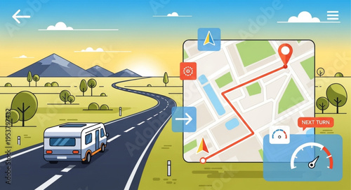 RV Road Trip Navigation App Interface Illustration.