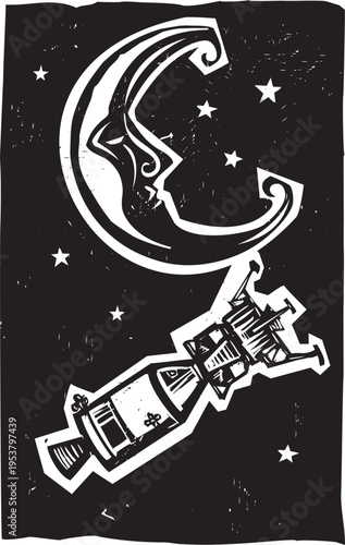 Woodcut style image of two space capsules linking up