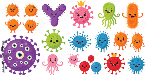 Cute cartoon bacteria and virus characters collection with funny germs microbes and cells colorful vector illustration set