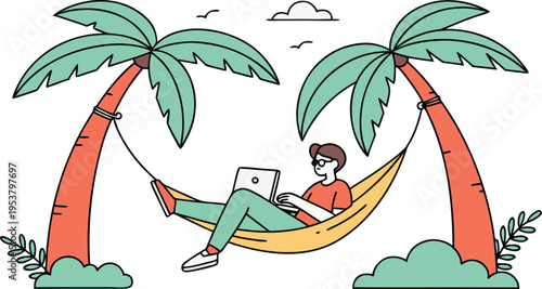 Digital nomad working on a laptop in a hammock between palm trees on a tropical beach, flat vector illustration of remote work lifestyle.