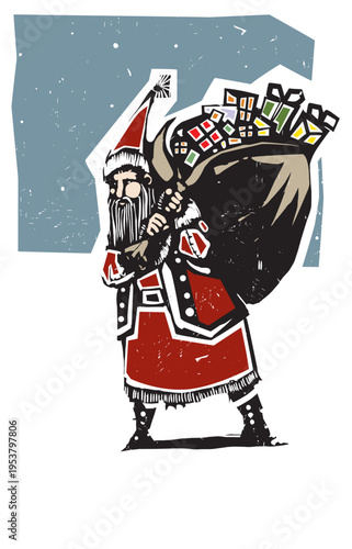 Woodcut style image of Santa Claus with a bag of toys