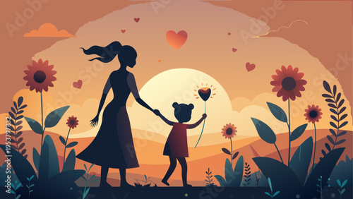 Silhouette of a mother and daughter walking together through a vibrant field of blooming sunflowers