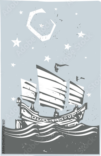 Woodcut style image of a traditional chinese ship known as the junk