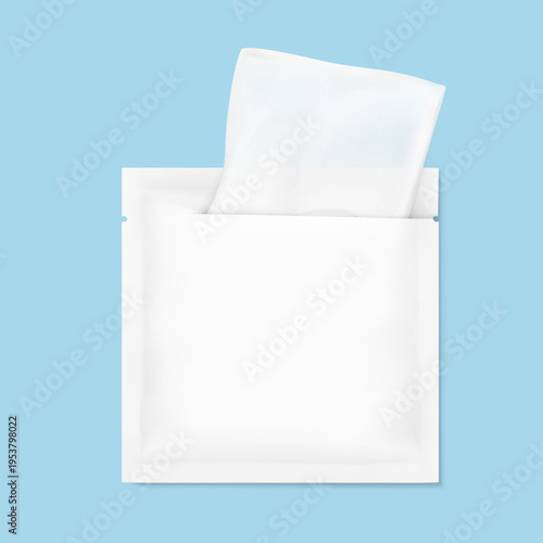 Torn sachet bag mockup for xylitol wipe, single wet wipe and etc. Vector illustration on colour background. Flat lay view. Can be use for template your design, presentation, promo, ad. EPS10.