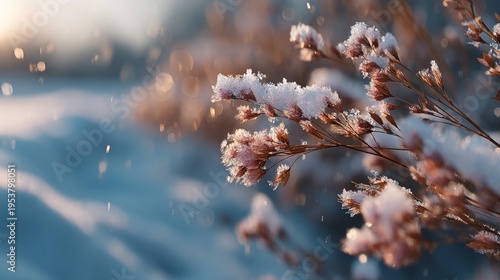 Delicate snow-covered branches glisten in the soft light of a winter morning, creating a serene and tranquil natural scene.