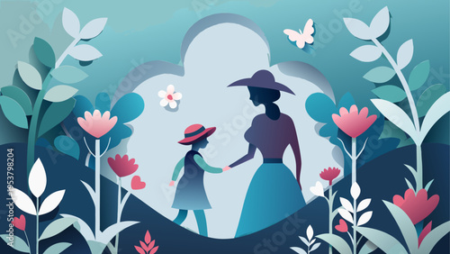 A mother and her young daughter walking together through a vibrant garden filled with many flowers