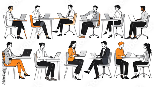 Business professionals collaborating at tables with laptops, modern office vector illustration representing teamwork, productivity, meetings, and co‑working culture