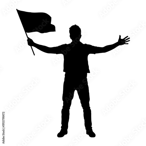 Silhouette of a football fan holding a flag, isolated