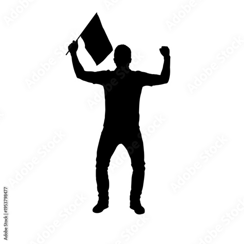 Silhouette of a football fan holding a flag, isolated