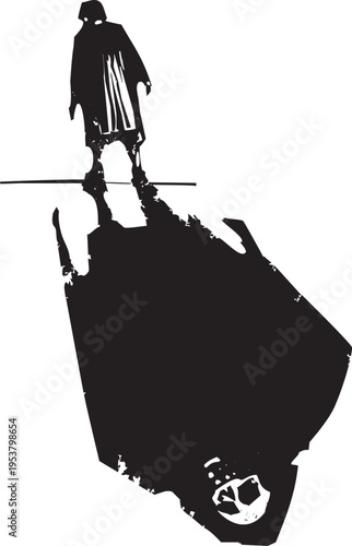 Old Woman Walking with giant shadow trailing behind her with death skull in it 