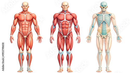 Detailed anatomical vector illustration of human muscular system highlighting major muscle groups for education, physiology, and medical training