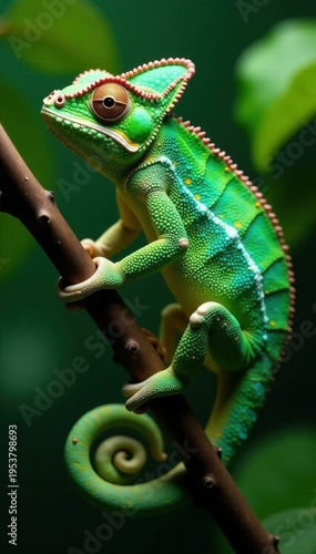 Vibrant green chameleon, prehensile tail gripping branch, skin, green chameleon