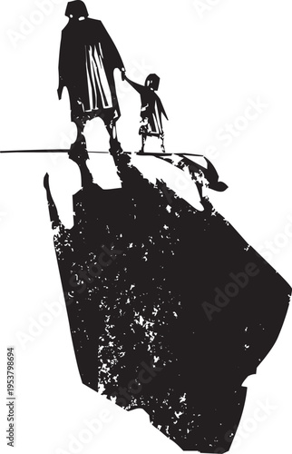 Old Woman with Child walking in front of a  great shadow