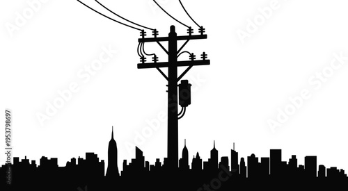 Electric utility pole with transformer over city skyline silhouette vector illustration, power distribution system, urban electricity infrastructure, high voltage lines and energy network concept