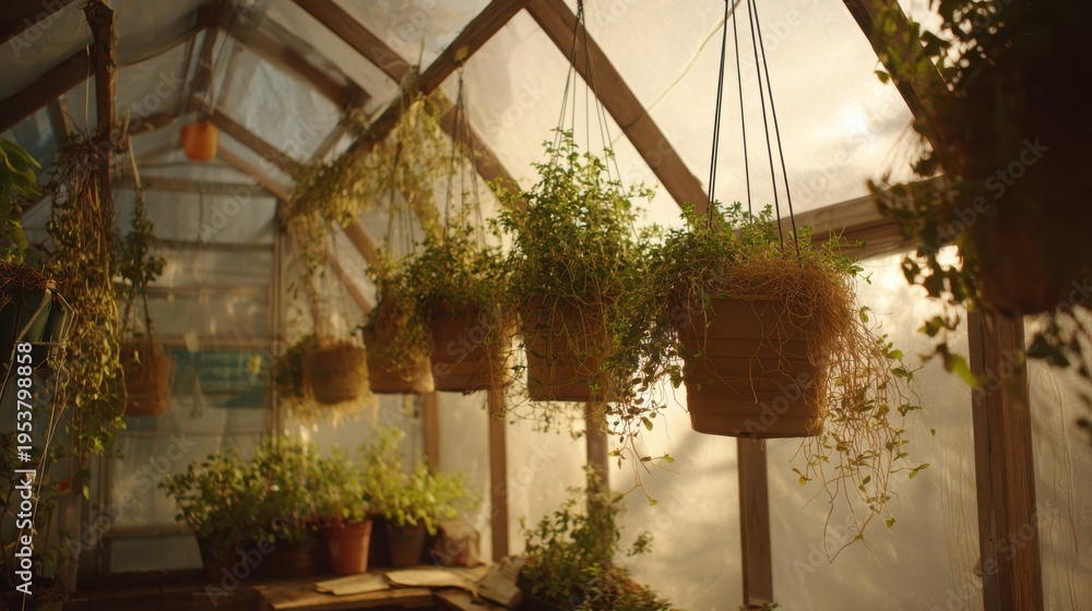 Fototapeta premium Lush hanging herb garden inside a bright greenhouse structure with abundant green foliage