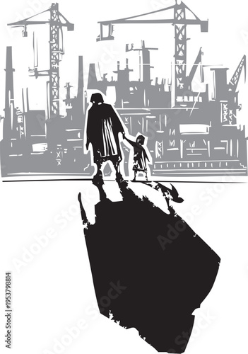 Old Woman with Child going to Factory