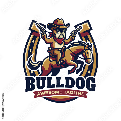 A stylish bulldog dressed as a cowboy rides a horse, brandishing toy pistols, showcasing a fun mix of charm, adventure, and attention-grabbing design elements. Perfect for branding!