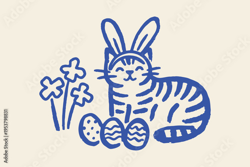 Easter Cat in bunny costume with easter eggs outline sketch vector