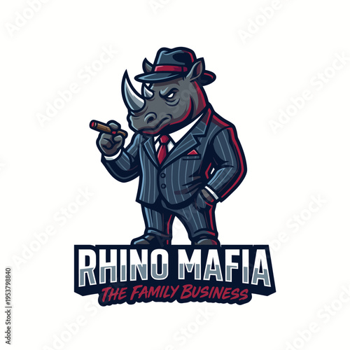 A stylish rhinoceros donned in a sleek suit holds a cigar, representing power and confidence. This unique image is perfect for business or creative branding themes.