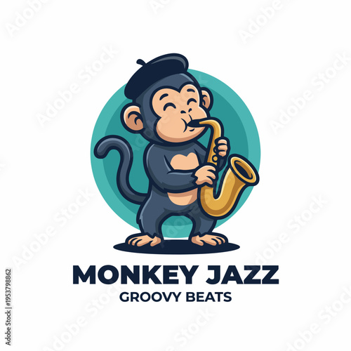 A playful monkey dons a beret, serenading listeners with a saxophone, embodying the spirit of jazz music and its vibrant emotions in a whimsical cartoon style.