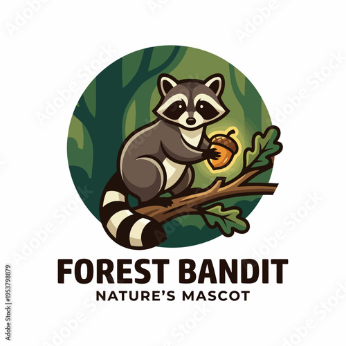 A charming raccoon mascot is illustrated gathering acorns among lush trees, embodying nature's playful essence and resourcefulness in a fun, cartoon style.