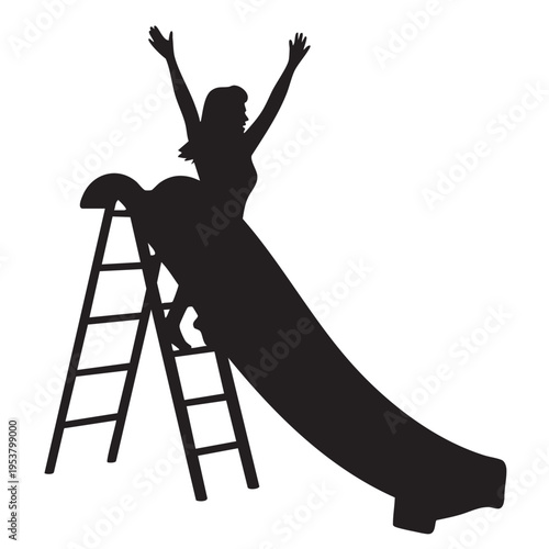 A woman excitedly slides down a playground slide with her arms raised in joy on a sunny day at the park.