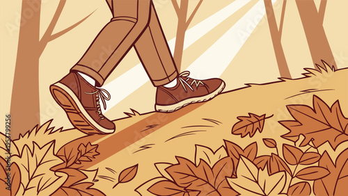 Feet in sneakers walking on a forest trail covered in autumn leaves vector illustration showing a person hiking during a sunny day.