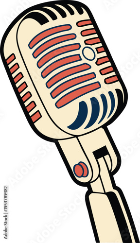 Vintage microphone illustration in a retro graphic style with cream and red colors isolated on white for podcasting, radio broadcasting, and musical media.