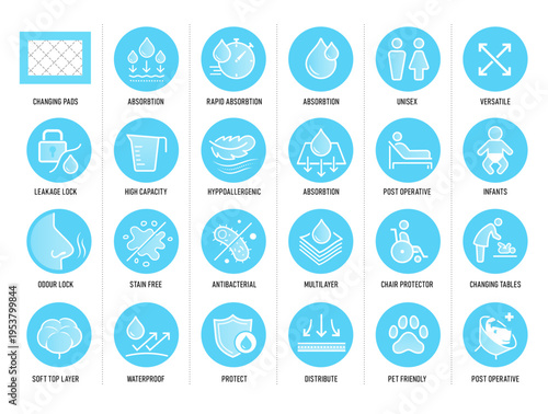 Disposable changing mat set icons for baby, medical care, elderly people and etc. The outline icons are well scalable and editable. Contrasting elements are good for different backgrounds. EPS10.