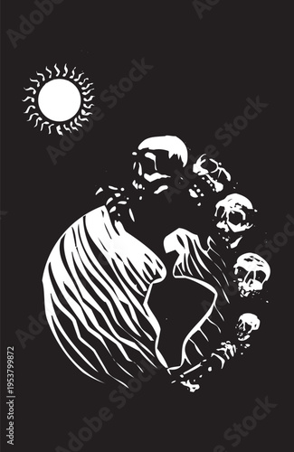 Woodcut style image of skulls of death crawling over the globe of the earth