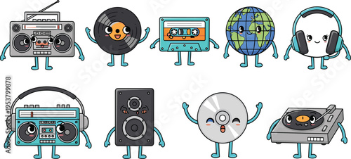 Cute music and audio device characters collection cartoon sound equipment vector illustration set
