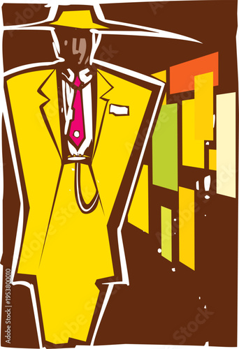 Woodcut style image of a man in a zoot suit