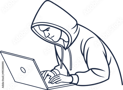 Hacker in a hoodie typing on a laptop computer represents cybercrime and data security in this minimalist line art vector illustration for web projects.