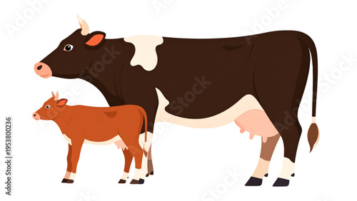 Brown and white cow with nursing calf on grass, pastoral vector illustration symbolizing maternal care, farming, and livestock education