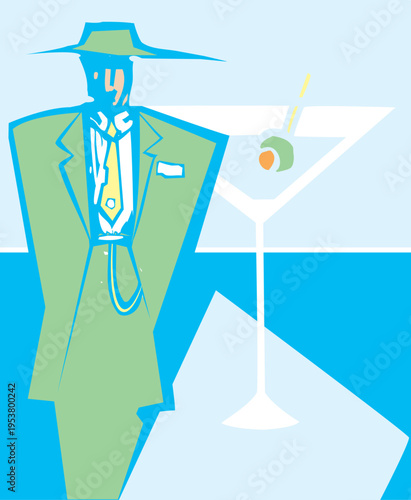 Woodcut style image of a man in a zoot suit