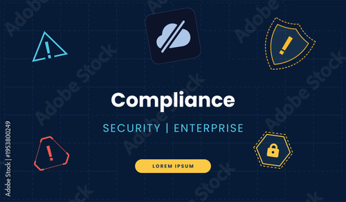 Cybersecurity Compliance enterprise Program Landing Page Banner. Data protection Security Icons. AI secure cloud, warning alerts, privacy controls. Fintech platforms and SaaS security solutions