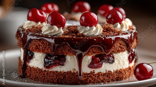 Delicious Black Forest Cake with Cherries and Cream.