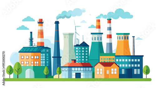 Colorful industrial factory landscape with smokestacks, silos, and warehouses, whimsical vector illustration representing manufacturing, urbanization, and environment