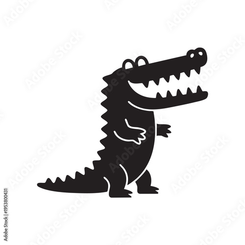 A cartoon crocodile is standing and smiling with its mouth open in a playful illustration.