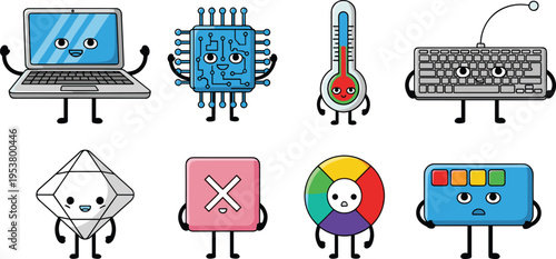 Cute technology cartoon characters set with laptop chip thermometer keyboard and icons colorful vector illustration modern digital mascots collection