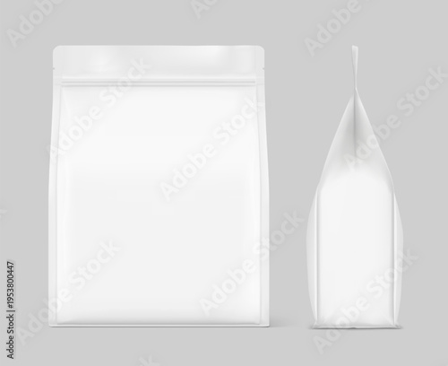 Vertical flat bottom gusset bag with zip lock mockup for food, sport nutrition. Front and side views. Vector illustration isolated on grey background. Can be use for template your design. EPS10.