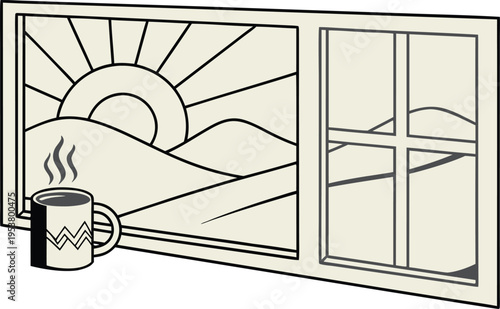Minimalist vector illustration of a steaming coffee mug sitting on a windowsill during a peaceful sunrise over rolling hills seen through a window