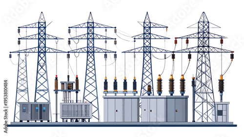 Detailed electrical substation vector illustration with transmission towers, transformers, and circuit breakers showcasing power distribution infrastructure