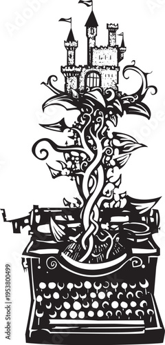 Woodcut style typewriter with a fairy tale castle coming out of  it. 