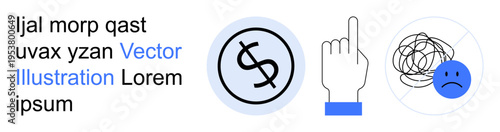 Financial planning, mental health, decision making, emotional well-being, conflict resolution, stress management. Dollar sign, hand symbol sad face with tangled lines. Financial planning and mental