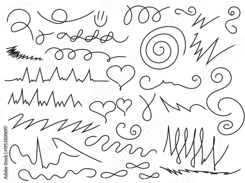Collection of hand drawn swirling lines and hearts