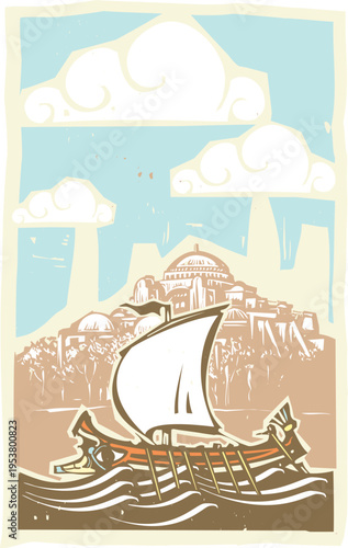 Woodcut style image of a Greek Galley in front of Constantinople 